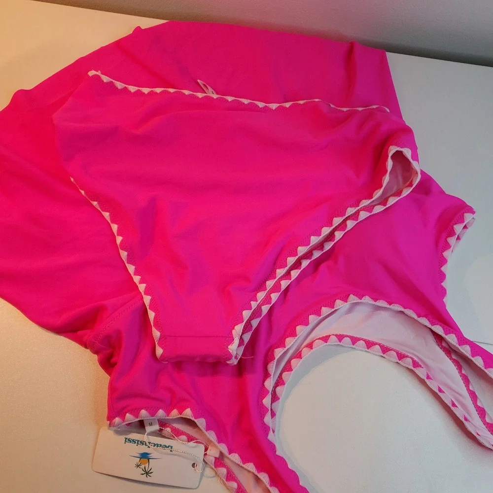 Hot Pink Ric Rac Trim Peplum Tankini Swimsuit Set Medium NWT